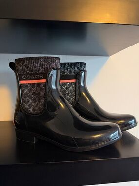 Coach Black Glossy Rain Booties with Knit Logo Cuff and Red Accent